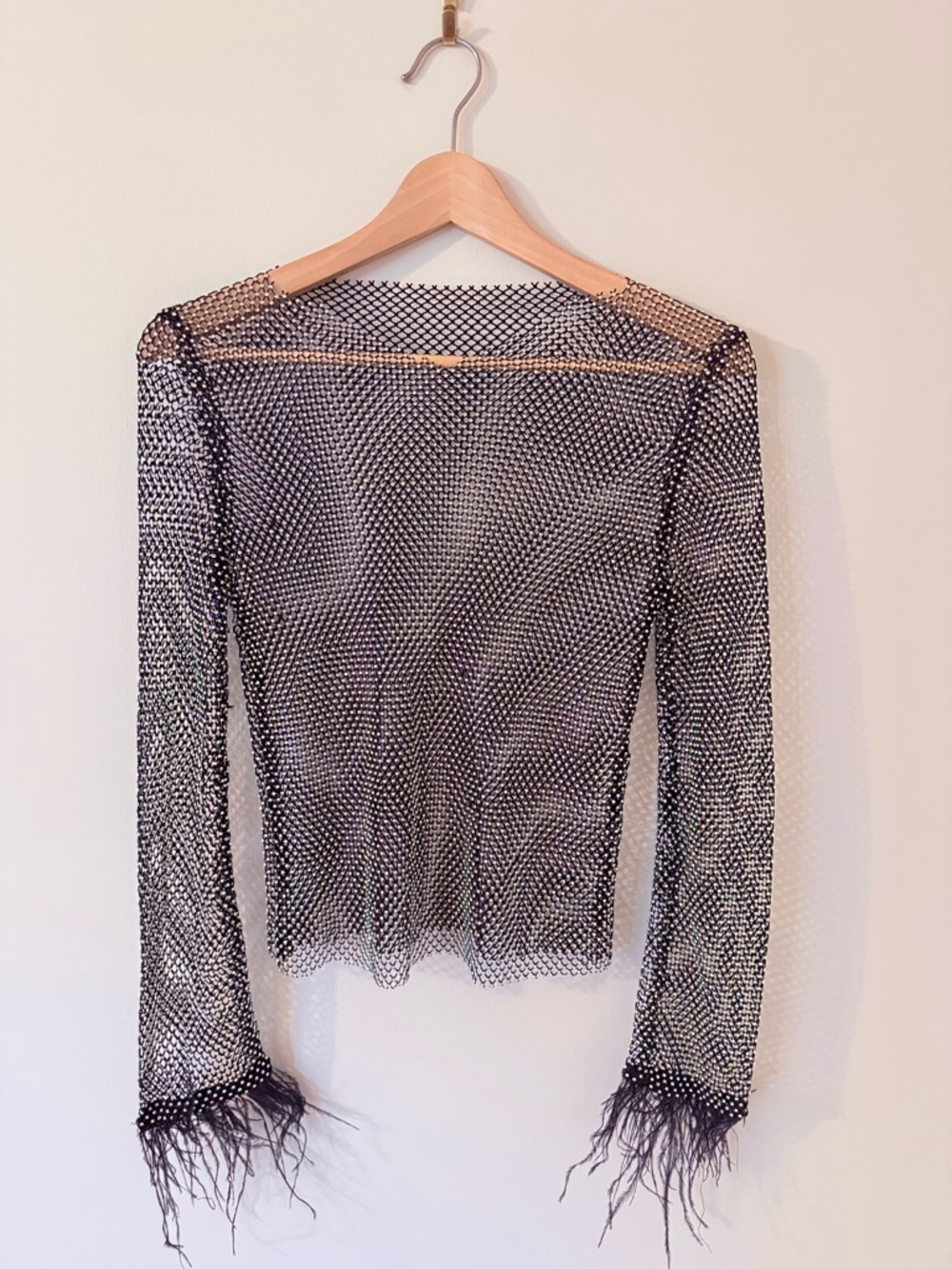 FESTIVAL • Black Mesh Long-Sleeve Top with Feather Cuffs